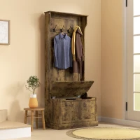 HOMCOM 4-In-1 Hall Tree with Coat Rack, Top Shelf, Shoe Storage and Bench Seat, Entryway Bench with 4 Hooks, Rustic Brown(m-10)