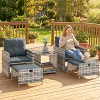 Outsunny 5 Piece Patio Furniture Set, Wicker Patio Chairs with Ottomans, 2-Tier Glass Coffee Table and Cushions, Grey/Dark Grey(m-1)
