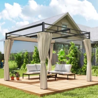 Outsunny 10' x 10' Outdoor Gazebo, Retractable Pergola Canopy with Curtains, UPF30+ Free Standing Metal Pergola Kit, Beige(m-9)