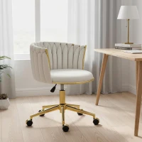 HOMCOM Office Chair, Vanity Chair with Woven Back, Adjustable Height, Rolling Wheels, Cream White(m-1)