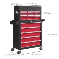 HOMCOM 14 Drawer Rolling Tool Chest, Lockable Tool Storage Cabinet with Detachable Top Toolbox, Protective Liner, Red(m-3)