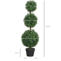 HOMCOM Set of 2 Artificial Ball Boxwood Topiary Trees, Fake Plants in Pot for Indoor Outdoor Living Room Green(m-3)