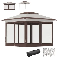 Outsunny 12' x 12' Pop Up Canopy Sun Shade Instant Tent Folding with Mesh Sidewalls, Beige and Dark Brown(m-2)