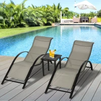 Outsunny 3 Pieces Patio Pool Lounge Chairs Set, Outdoor Chaise lounge with 2 S-Shaped Sunbathing Chairs and a Glass Top Table, for Yard Garden, Grey(m-1)
