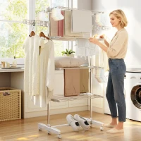 HOMCOM Garment Drying Rack Stainless Steel Folding Clothes Hanging Rack with Side Wings Castors for Indoor Outdoor White(m-1)