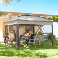 Outsunny 11' x 11' Pop Up Canopy 2-Tier Soft Top Shelter Event Tent w/ Netting Carry Bag for Patio Backyard Garden, Mixed Grey(m-9)