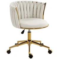 HOMCOM Office Chair, Vanity Chair with Woven Back, Adjustable Height, Rolling Wheels, Cream White(m-2)