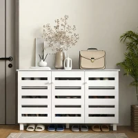 HOMCOM Shoe Cabinet with 3 Slatted Doors, 3-tier Shelving Rack Cabinet with Adjustable Shelves for 15 Pairs of Shoes, White(m-9)