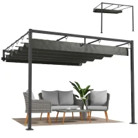 Outsunny 10' x 10' Retractable Pergola Canopy, Wall-Mounted Pergola, Outdoor Sun Shade Shelter for Garden, Balcony, Dark Grey(m-11)