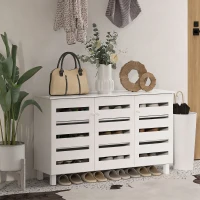 HOMCOM Shoe Cabinet with 3 Slatted Doors, 3-tier Shelving Rack Cabinet with Adjustable Shelves for 15 Pairs of Shoes, White(m-1)