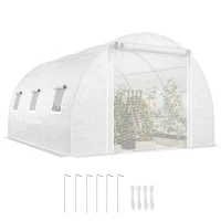 Outsunny Tunnel Greenhouse, Plant Hot House w/ Support Rods, Roll-up Mesh Door, Mesh Windows, UV/Wind Resistant, 13'x9.8'x6.6', White(m-11)