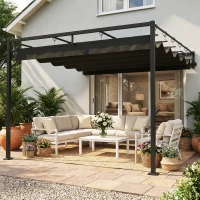 Outsunny 10' x 10' Retractable Pergola Canopy, Wall-Mounted Pergola, Outdoor Sun Shade Shelter for Garden, Balcony, Dark Grey(m-8)