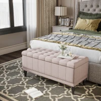 HOMCOM Storage Ottoman, Linen Fabric End of Bed Bench with Soft Close Lid, Button Tufted Storage Bench for Living Room, Entryway or Bedroom, 42" x 17" x 19", Beige(m-9)