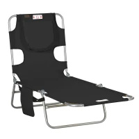 Outsunny Folding Outdoor Lounge Chair, 5-Level Tanning Chair with Face Hole, Side Pocket, Carry Strap for Beach Pool, Black(m-2)