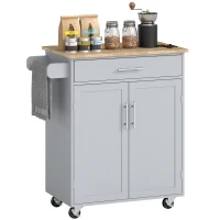 HOMCOM Kitchen Island Cart, Rolling Island Table with Solid Wood Top, Trolley Cart with Drawer, Storage Cabinet & Towel Rack, Gray(m-1)