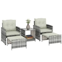 Outsunny 5 Piece Patio Furniture Set, Wicker Patio Chairs with Ottomans, 2-Tier Glass Coffee Table and Cushions, Grey/Cream White(m-11)