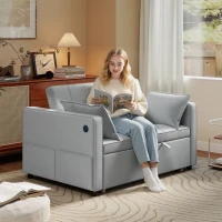 HOMCOM 3‑in‑1 Convertible Sofa Bed, Pull Out Sleeper Sofa with USB Charging, Adjustable Backrest, Side Pockets, Light Grey(m-1)