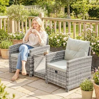 Outsunny 5 Piece Patio Furniture Set, Wicker Patio Chairs with Ottomans, 2-Tier Glass Coffee Table and Cushions, Grey/Cream White(m-10)