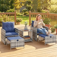 Outsunny 5 Piece Patio Furniture Set, Wicker Patio Chairs with Ottomans, 2-Tier Glass Coffee Table and Cushions, Grey/Dark Blue