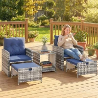 Outsunny 5 Piece Patio Furniture Set, Wicker Patio Chairs with Ottomans, 2-Tier Glass Coffee Table and Cushions, Grey/Dark Blue(m-1)
