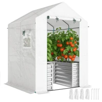 Outsunny Greenhouse with Raised Garden Bed, Galvanized Metal Planter Box with PE Cover, Roll Up Door, 56" x 56" x 75", White(m-11)