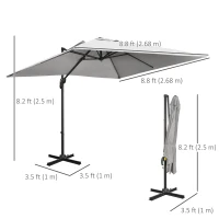 Outsunny 9ft Cantilever Patio Umbrella, Square Overhanging Umbrella with Cross Base, Crank Handle, Tilt Light Grey(m-3)