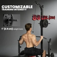 Soozier Cable Machine, Multi-Function Bench Press Rack with Weight Plate Holders, Lat-Pull Down System, Black(m-5)