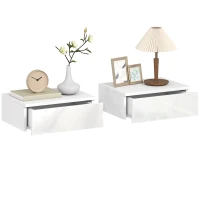 HOMCOM Set of 2 Wall Mounted Bedside Tables, High Gloss Floating Nightstands with Drawer for Bedroom, White(m-11)