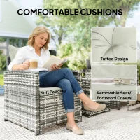 Outsunny 5 Piece Patio Furniture Set, Wicker Patio Chairs with Ottomans, 2-Tier Glass Coffee Table and Cushions, Grey/Cream White(m-7)