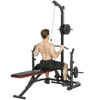 Soozier Cable Machine, Multi-Function Bench Press Rack with Weight Plate Holders, Lat-Pull Down System, Black(m-11)