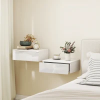 HOMCOM Set of 2 Wall Mounted Bedside Tables, High Gloss Floating Nightstands with Drawer for Bedroom, White(m-1)
