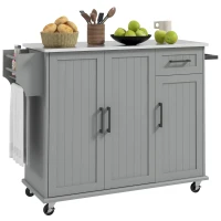 HOMCOM Kitchen Island with Wheels, Kitchen Island on Wheels with Drawer, 3 Cabinets, Stainless Steel Countertop, Gray(m-11)
