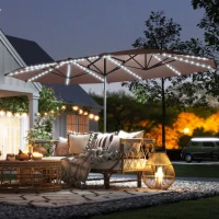 Outsunny 15ft Double-Sided Outdoor Umbrella with Solar Lights, UPF50+ Extra Large Aluminum Patio Umbrella with Crank, Tan(m-10)