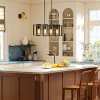 HOMCOM Farmhouse Kitchen Island Lighting, Linear Pendant Light with 4 Rotatable Frames and Adjustable Height, Black(m-7)