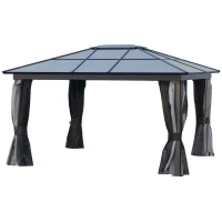 Outsunny 12' x 15' Hardtop Gazebo Canopy with Polycarbonate Roof, Aluminum Frame, Netting, Curtains and Ceiling Hook, Dark Grey(m-2)