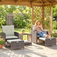 Outsunny 5 Piece Patio Furniture Set, Wicker Patio Chairs with Ottomans, 2-Tier Glass Coffee Table and Cushions, Brown/Cream(m-1)