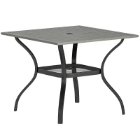 Outsunny Outdoor Dining Table for 4, Square Patio Table with Umbrella Hole, Shelf, Slatted Faux Wood Steel Top, Grey(m-2)