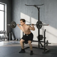 Soozier Cable Machine, Multi-Function Bench Press Rack with Weight Plate Holders, Lat-Pull Down System, Black(m-10)