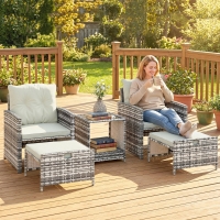 Outsunny 5 Piece Patio Furniture Set, Wicker Patio Chairs with Ottomans, 2-Tier Glass Coffee Table and Cushions, Grey/Cream White