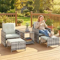 Outsunny 5 Piece Patio Furniture Set, Wicker Patio Chairs with Ottomans, 2-Tier Glass Coffee Table and Cushions, Grey/Cream White(m-1)