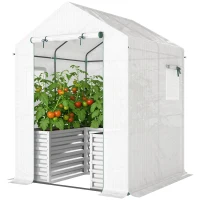 Outsunny Greenhouse with Raised Garden Bed, Galvanized Metal Planter Box with PE Cover, Roll Up Door, 56" x 56" x 75", White(m-2)