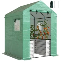 Outsunny Greenhouse with Raised Garden Bed, Galvanized Metal Planter Box with PE Cover, Roll Up Door, 56" x 56" x 75", Green(m-11)