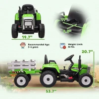 Aosom 12V Ride on Tractor with Trailer, 25W Dual Motors, Battery Powered Electric Tractor with Remote Control, Music Startup Sound and Horn, LED Lights, Green(m-3)