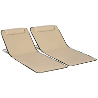 Outsunny 2 Pieces Beach Lounge Chair, Outdoor Folding Chaise Lounge Set w/ Pillow for Sunbath, Snap, Beige(m-11)