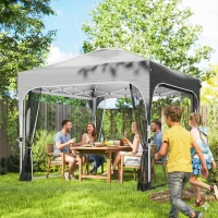 Outsunny 10 x 10 ft Pop Up Canopy Tent with Mosquito Netting, UPF 50+ Central Lock Easy Setup Outdoor Party Tent, Dark Grey(m-1)