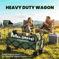 Outsunny 130L Folding Garden Cart with Wheels, Heavy-Duty Collapsible Wagon with Brakes, Green(m-5)