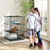 PawHut 3 Tier Cat Cage Crate, DIY Pet Playpen with 3 Doors, Ladders, Hammock, Platforms, Indoor Playpen for Kittens, Black(m-1)