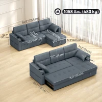 HOMCOM Convertible Sectional Sofa Bed, Pull Out Sleeper Sofa Couch with USB‑A+C, Chaise Storage, L-Shaped Futon Couch, Dark Grey(m-3)