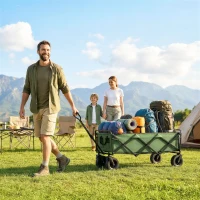 Outsunny 130L Folding Garden Cart with Wheels, Heavy-Duty Collapsible Wagon with Brakes, Green(m-1)