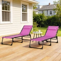 Outsunny 2 Folding Chaise Lounge Pool Chairs with 4-Position Reclining Back, Pillow, Breathable Mesh & Bungee Seat, Purple(m-8)